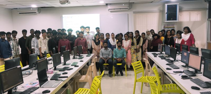 Group photo of Arakathir students with trainer and counselor in classroom